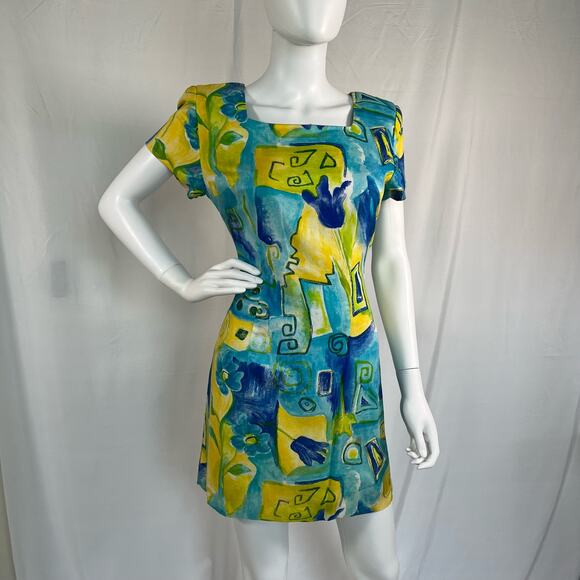 Vintage 90s Jessica Howard Yellow and Blue Abstract Mini Dress - Picture 11 of 12